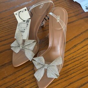 Zara Women's Clear Heels with Rhinestone Bow - Nude